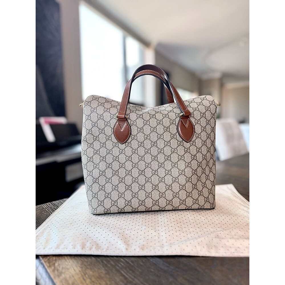 Authentic Gucci GG Supreme Monogram Canvas Tote Bag Brown Leather Trim Handbag